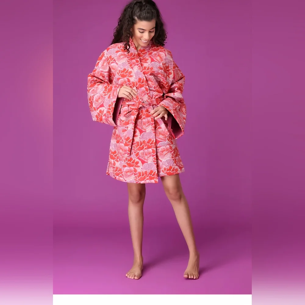 Mahogany Gina Quilted Cotton Floral Kimono Short Robe And PJ Bottoms